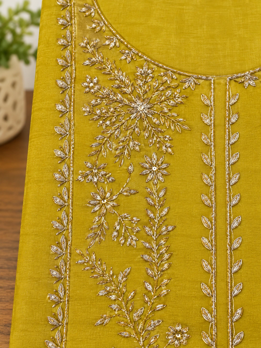 Yellow with an ornate neckline — Left-panel veranda display