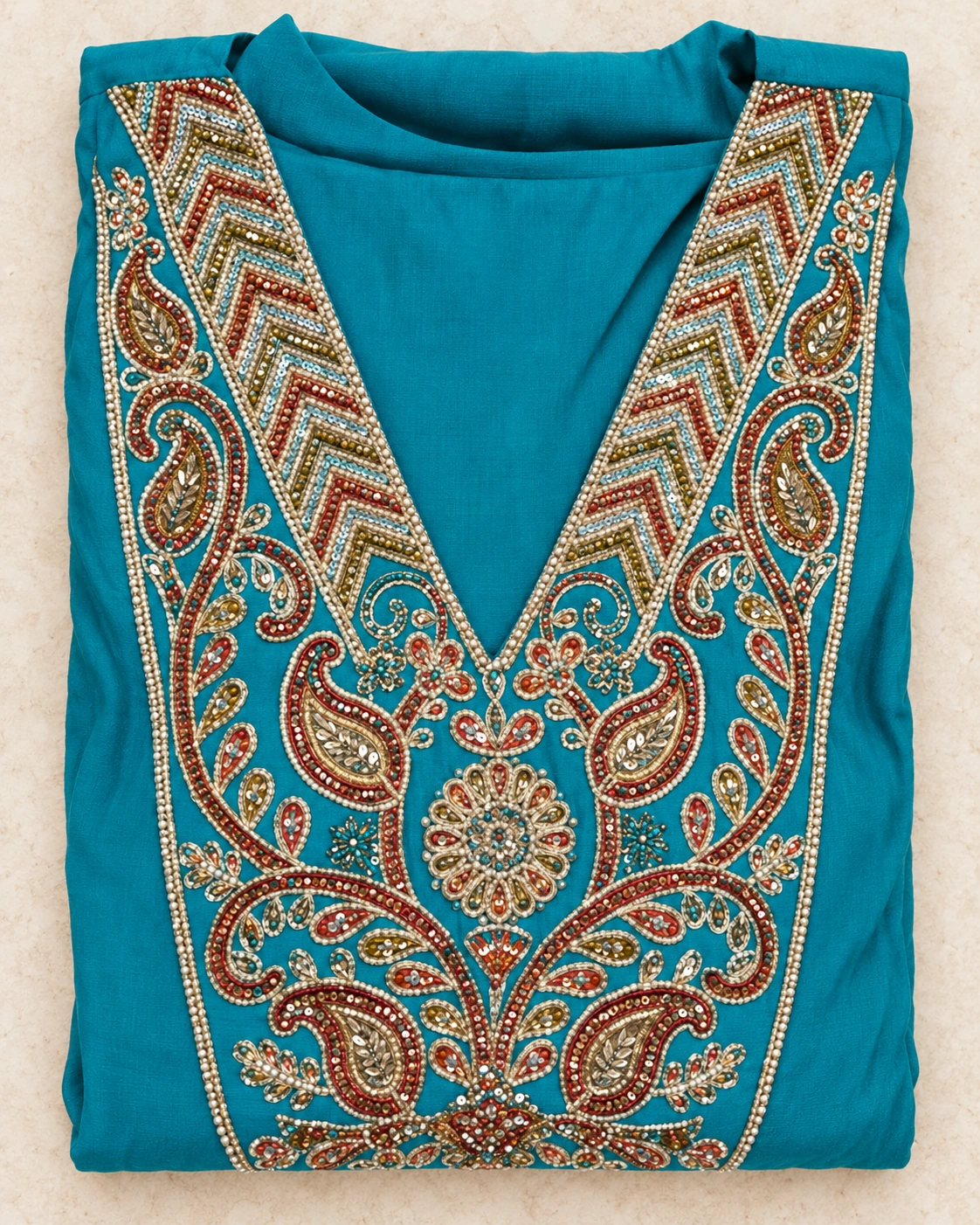 Teal with a colourful neckline — Clean catalogue view