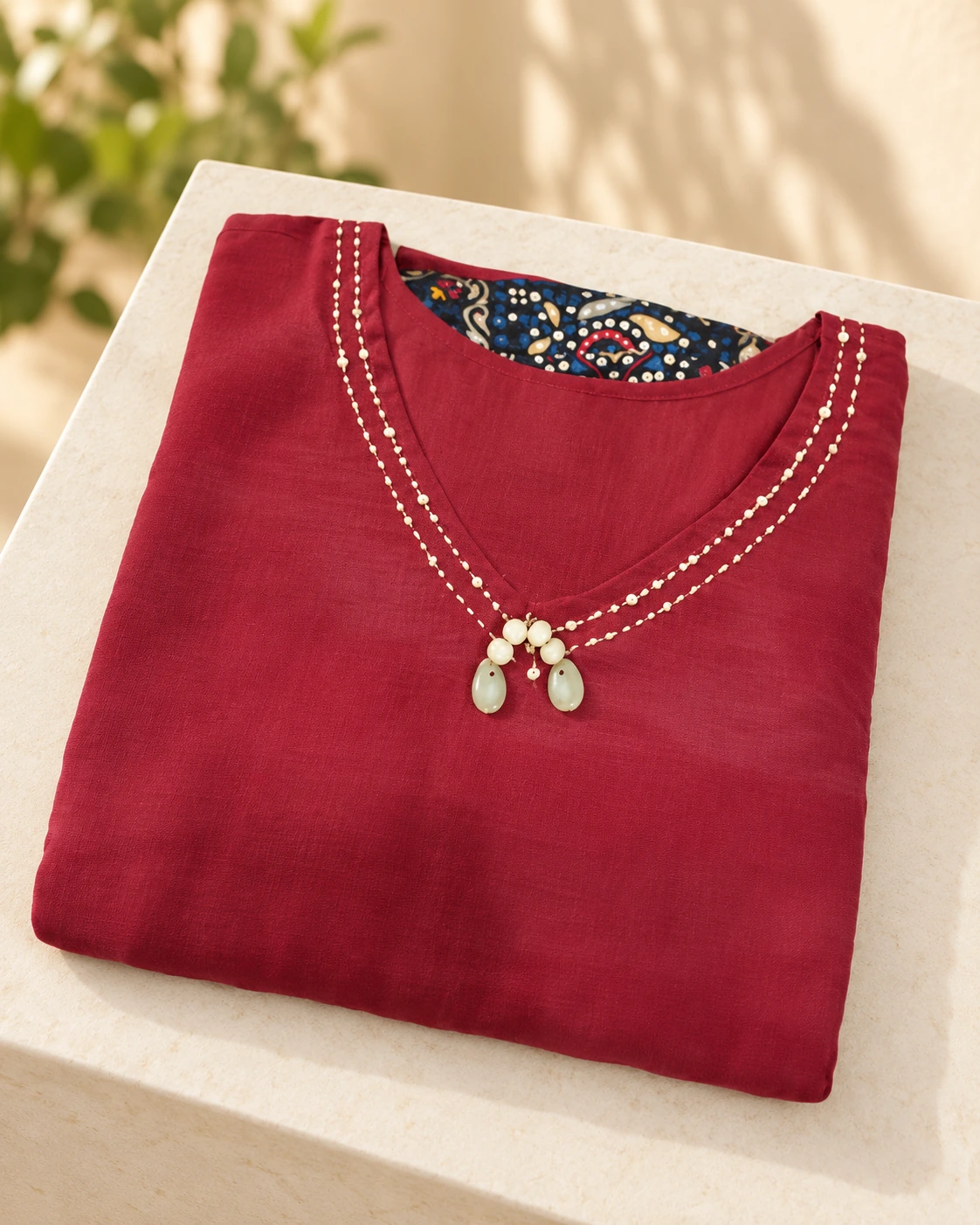 Deep red, delicate neckline — Quiet festive display