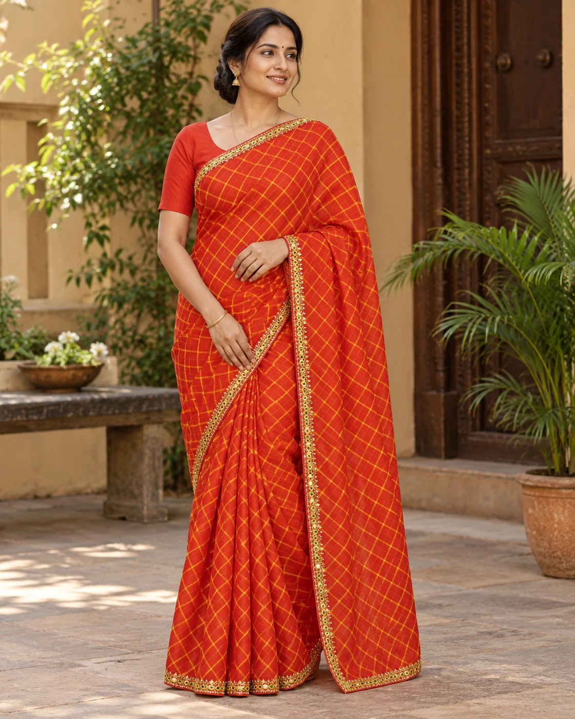 Orange-red stripes — Sari styling view