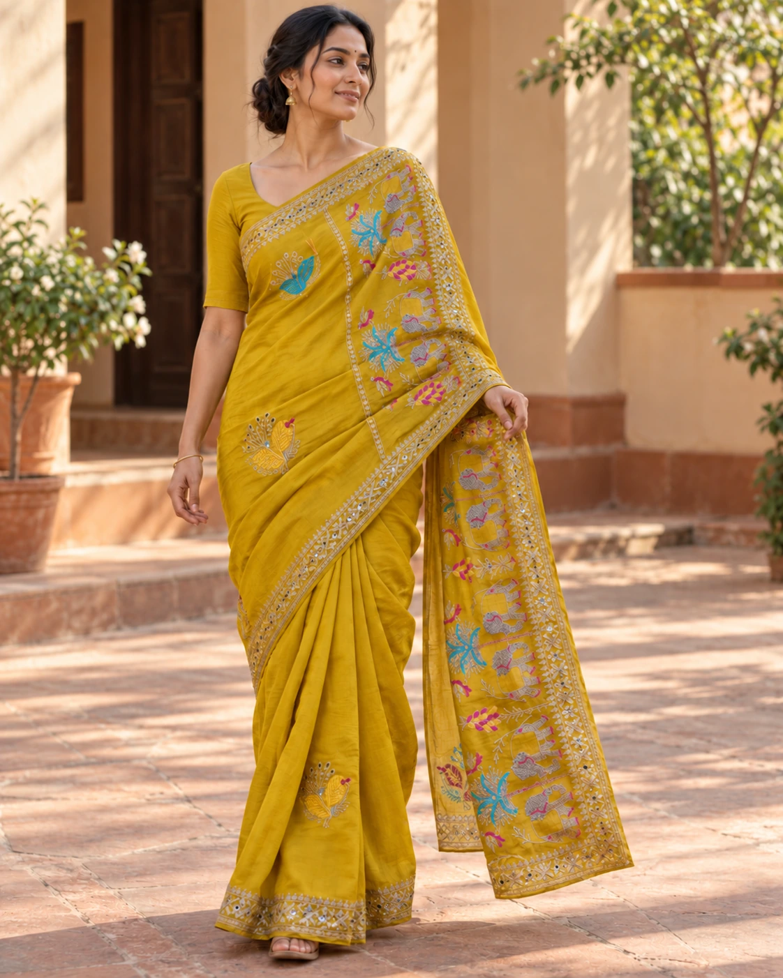 Sunshine yellow, an elephant border — Natural drape · AI styling